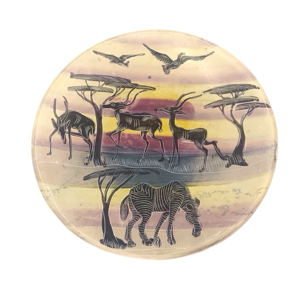 African Safari Hand Carved‎ Soapstone 10" Plate - Antelope & Zebra Folk Art.